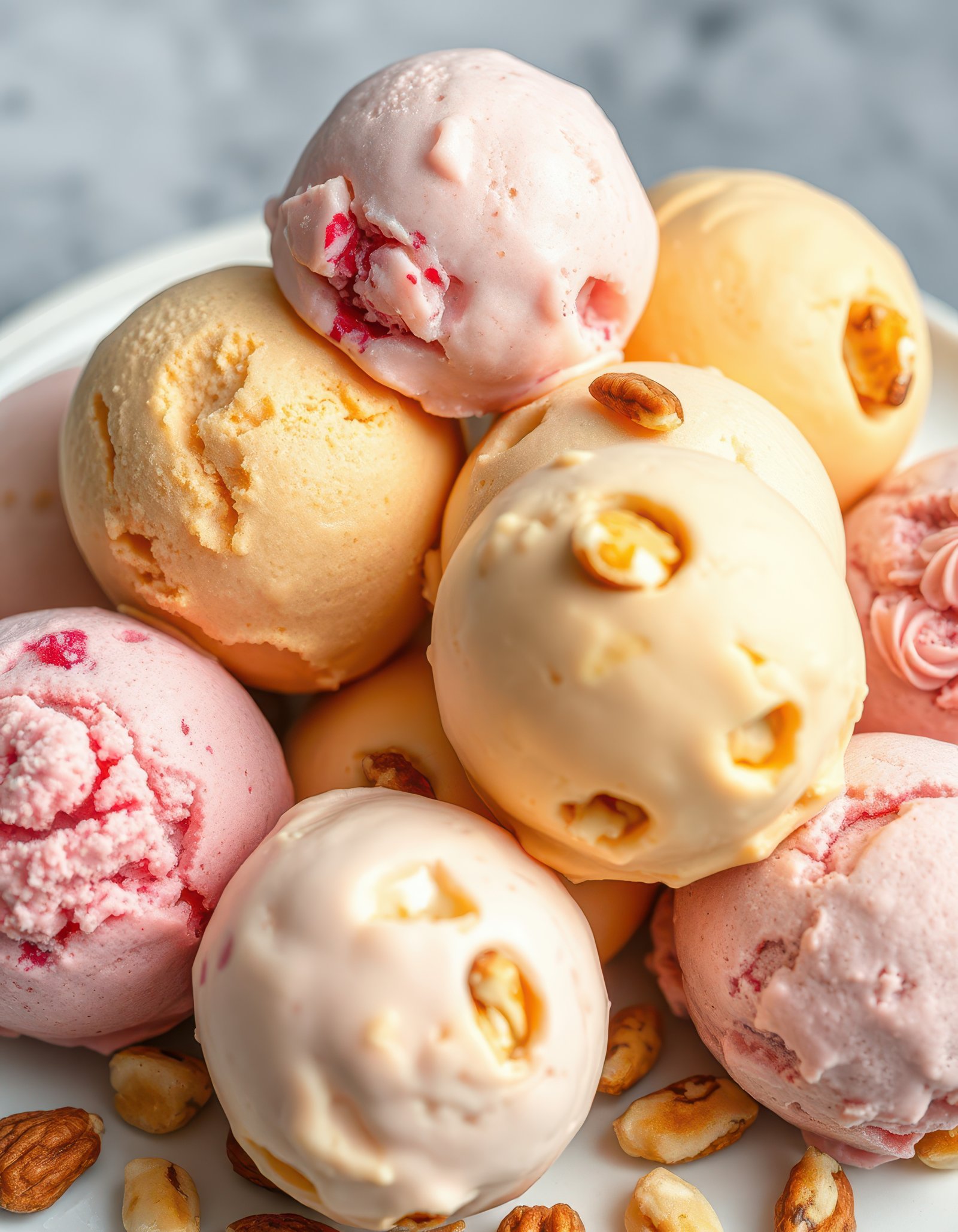 Enjoying a decadent selection of ice cream scoops in a cheerful summer setting with nuts on the side